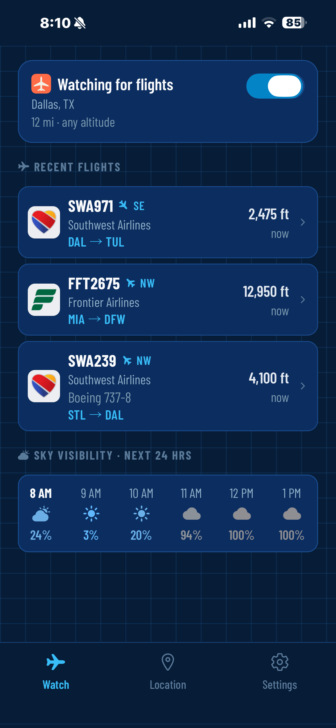 The Overhead app showing recent flights that passed overhead